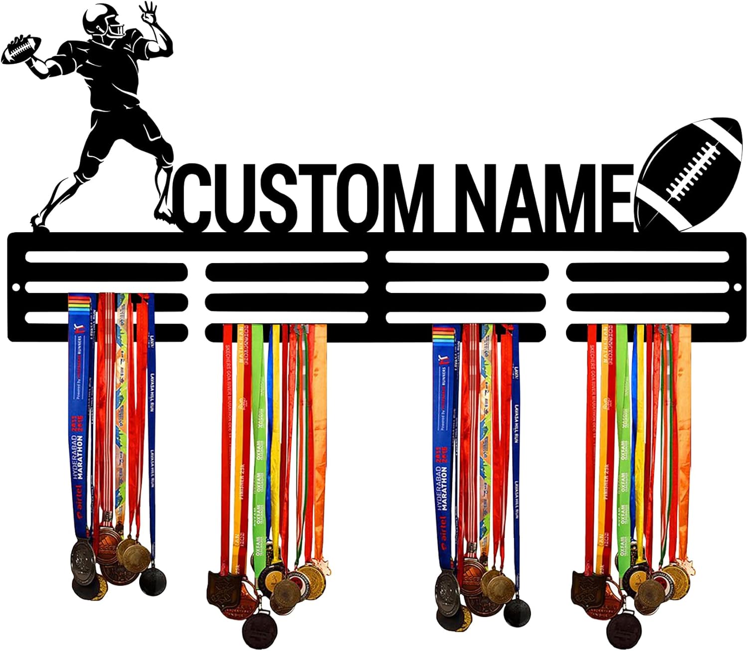 Custom Football Medal Hanger Display Holder Rack for Awards Ribbons - Personalized Player Name Sports Themed Race Ribbon Display Wall Rack Frame Shelf Bedroom Wall Decor - Gift for Teens Boys Girls Adults | GearViral